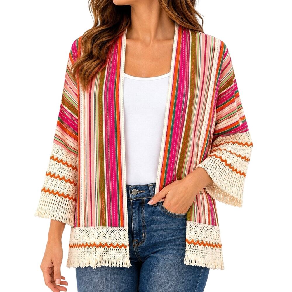 NEW NWT Trisha Tyler Small Pink Open Front Crochet Blouse Shirt Top Artsy